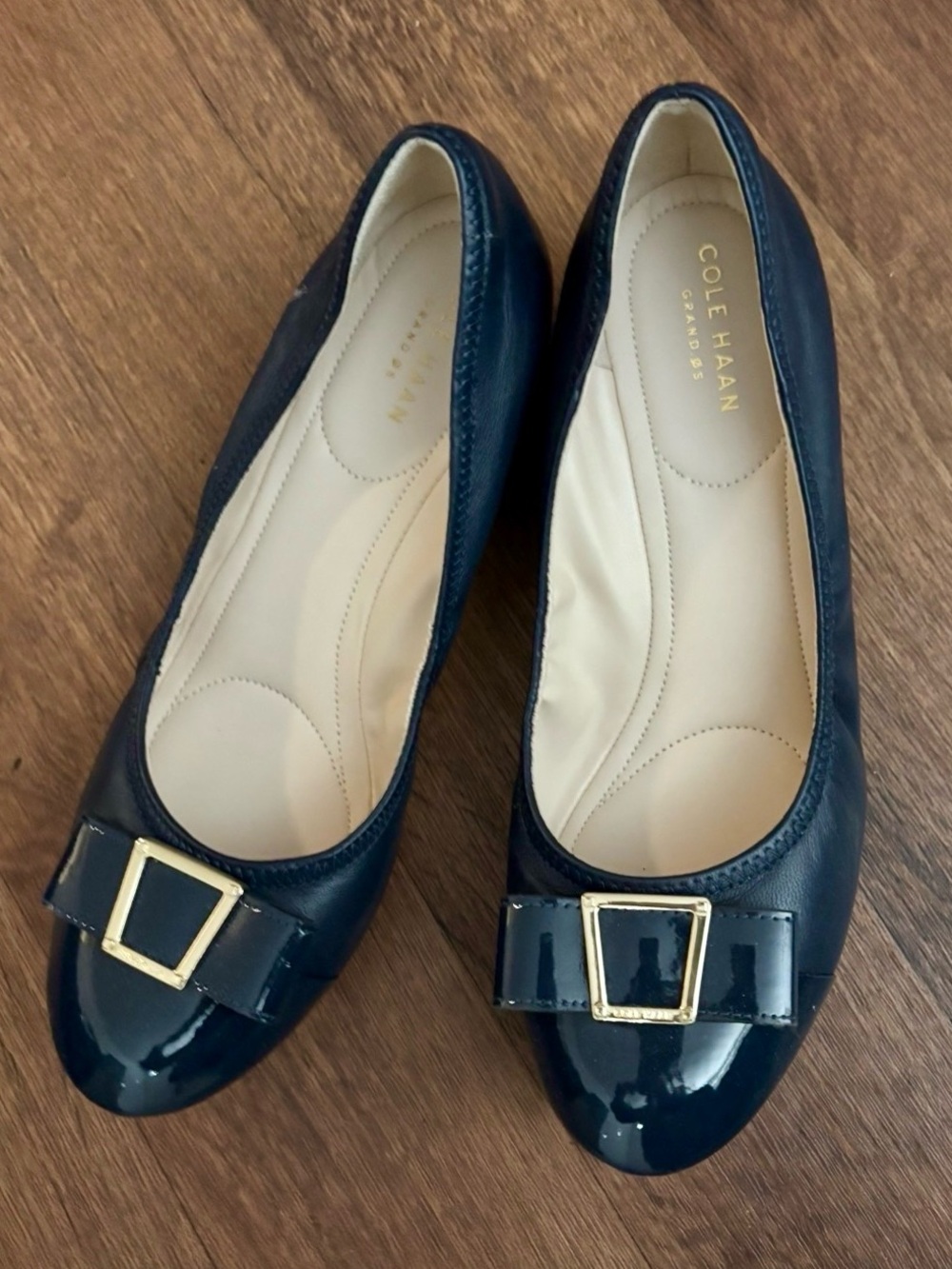 Cole Haan Navy Patent Leather Wedge High Heels with Gold Buckle Accent